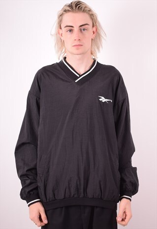 REEBOK MENS VINTAGE PULLOVER TRACKSUIT TOP LARGE BLACK 90S