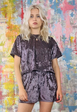 HIGH WAISTED SHORTS & TOP CO-ORDINATE IN PURPLE GREY VELVET