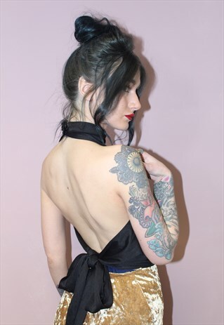 90S VINTAGE STYLE BLACK HALTER-NECK HIGH NECK TOP BACKLESS