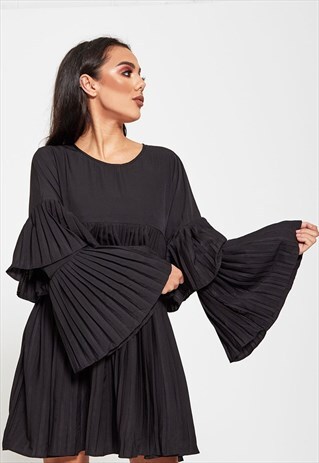 BLACK PLEATED FRILL MINI DRESS