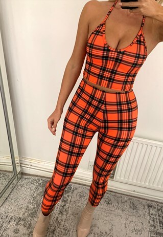 CLUELESS ORANGE TARTAN CHECK HALTER & LEGGINGS CO-ORD