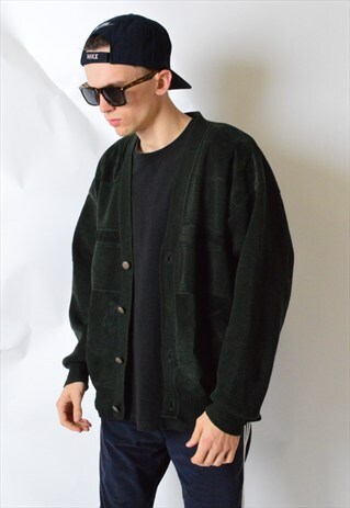 VINTAGE 80S KHAKI GREEN WOOL AND LEATHER CARDIGAN JACKET