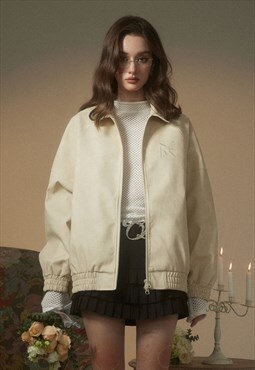 Aviator jacket faux leather solid preppy PU bomber in cream