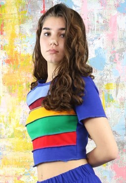 Patchwork Rainbow Striped Little Blue Tee Top