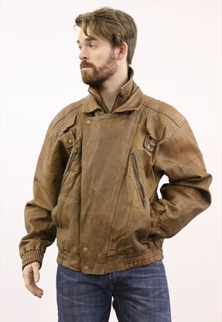 VINTAGE 1980S BROWN LEATHER BOMBER JACKET