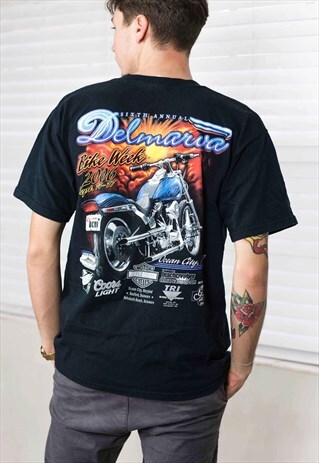 VINTAGE DELMARVA BIKER MOTORCYCLE T-SHIRT LOGO L 8.4