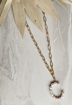 Gold Faux Pearl C Letter Initial Charm Pendant  Necklace