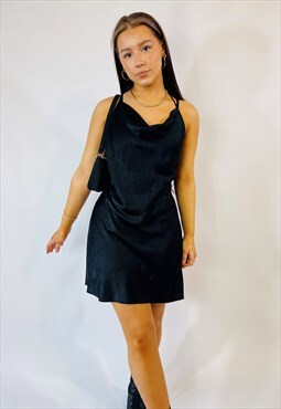 Vintage 00s Y2K Black Satin Summer Slip Dress