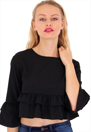3/4 SLEEVES FRILL HEM TOP