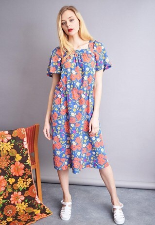 VINTAGE 70'S RETRO FLORAL PATTERN MIDI LOOSE MOM'S DRESS