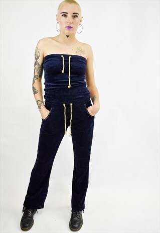VINTAGE 90S NAVY VELOUR BANDEAU SPORTY JUMPSUIT