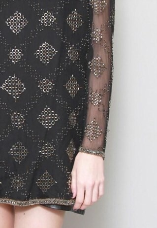 VINTAGE 1970'S PREMIUM BLACK AND GOLD SILK BEADED TUNIC