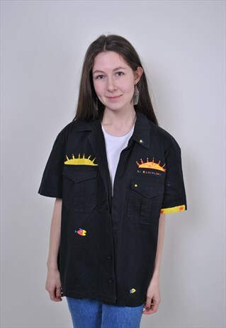 80S BLACK WORKER SHIRT, VINTAGE SUN PRINT EYES HERITAGE TOP