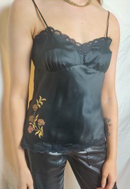 Vintage Black Silky Embroidered Cami (Size S)