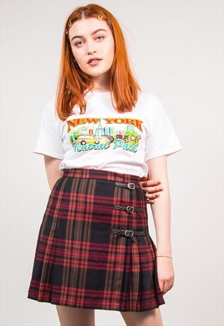 VINTAGE 90'S DARK RED CHECKED PLEATED HIGH WAIST MINI SKIRT