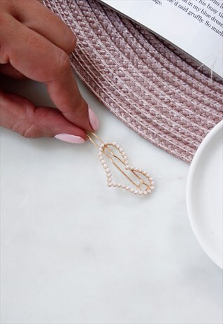 GOLD PEARL HEART BARRETTE HAIR CLIP PIN