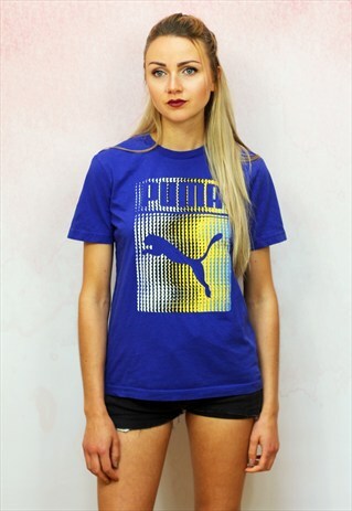 1990S VINTAGE BLUE WITH WHITE AND YELLOW CASUAL T-SHIRT