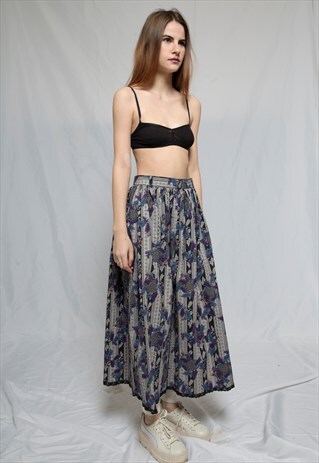 PURPLE LEAF PATTERNED HIGH WAISTED MIDI SKIRT