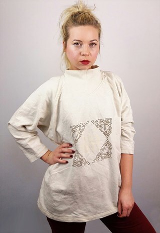 VINTAGE 80'S HIGH NECK SWEATSHIRT JUMPER GRAPHIC PRINT