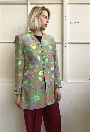 VINTAGE 80' ROMANTIC UNIQUE GREEN FLOWERS JACKET