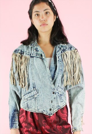 VINTAGE 90S DENIM JACKET FRINGE Y2K LIGHT BLUE FESTIVAL FRAY