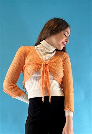 Vintage Y2K Orange Cropped Crochet Tie Up Cardigan Bolero