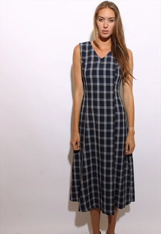 VINTAGE 90S PLAID NAVY BLUE WHITE MAXI DRESS CHECKERED M L