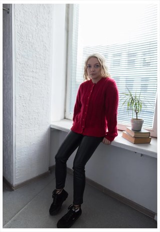VINTAGE 70'S RED HAND KNITTED WOOL CARDIGAN