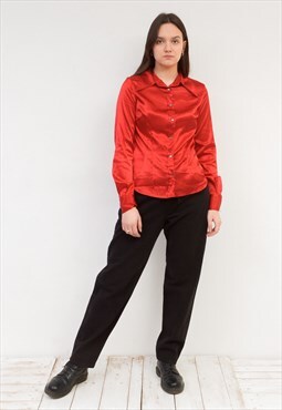 Vintage D&G Women's M Red Shimmer Satin Shiny Blouse Shirt