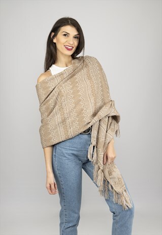 REBOZO PASHMINA SCARF SHAWL BEIGE WOVEN SOFT BOHEMIAN PONCHO