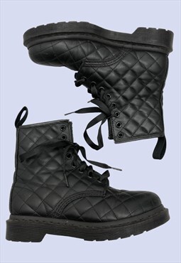 Black Leather Quilted Ribbon Lace Ankle Winter Casual Boots