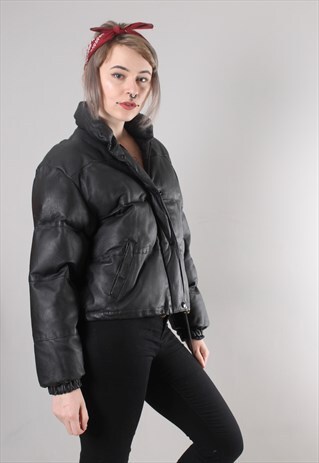 VINTAGE 90S BLACK LEATHER PUFFER COAT JACKET