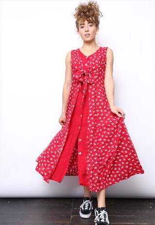 VINTAGE 90S RED FLORAL PRINT BUTTON MIDI DRESS