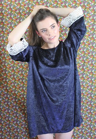 NAVY CRUSHED VELVET SWING DRESS LACE BELL SLEEVES 70S STYLE