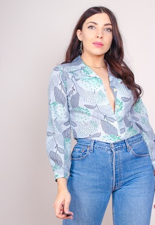 VINTAGE 70S ABSTRACT FLORAL PRINT BLOUSE