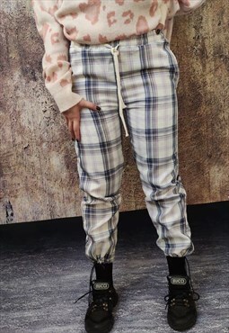 Retro print joggers check pants Y2K chess overalls in blue