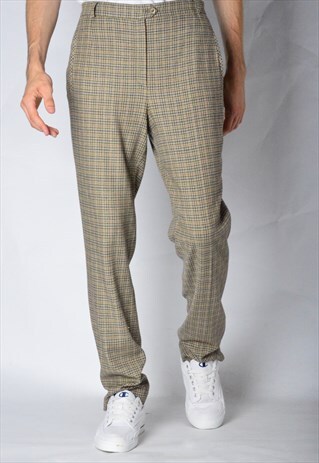 VINTAGE 90S UNISEX BEIGE KHAKI CHECK WOOL BLEND PANTS