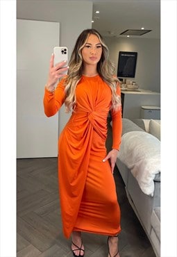 Orange Long Sleeve Knot Detail Maxi Dress