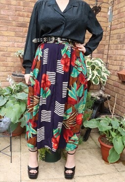 Vintage 90s Navy Floral Tropical Pattern Festival Midi Skirt