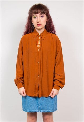 VINTAGE 70'S TAN BROWN LONG SLEEVE SHIRT BLOUSE