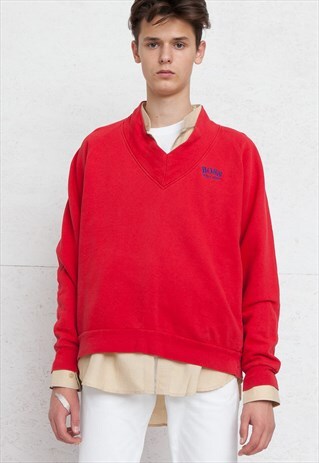 VINTAGE RED HUGO BOSS V-NECK PULLOVER SWEATSHIRT