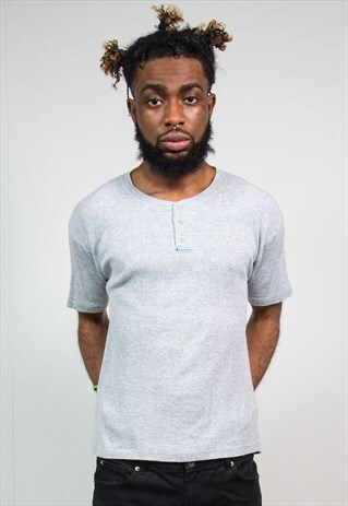 VINTAGE CHAMPION T-SHIRT GREY RIBBED BUTTON NECK
