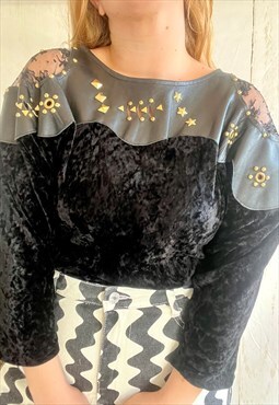 Vintage Black Velvet Western Cut Out 80's Crop Top