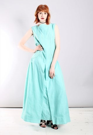 VINTAGE 60S MINT GREEN APPLIQUE BRIDESMAID MAXI DRESS