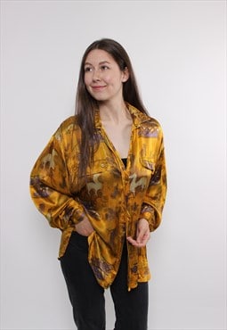 80s abstract print long sleeve blouse, vintage gold color 