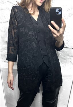 Black Brocade Long Black Shirt / Blouse - L