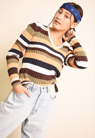 VINTAGE Y2K RETRO STRIPED PATTERN RIBBED KNIT JUMPER