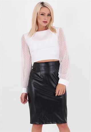 BLACK FAUX LEATHER HIGH WAIST MIDI PENCIL SKIRT