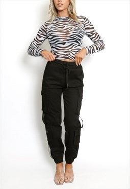 Elasticated Waist Knotted Cargo Pants In Black