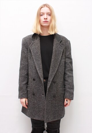 VINTAGE 90' BEAUTIFUL UNISEX TWEED GRAY JACKET WITH POCKETS